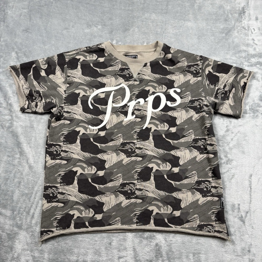 PRPS Short Sleeve Raw Hem Sweatshirt Mens Size Medium Green Beige Camo